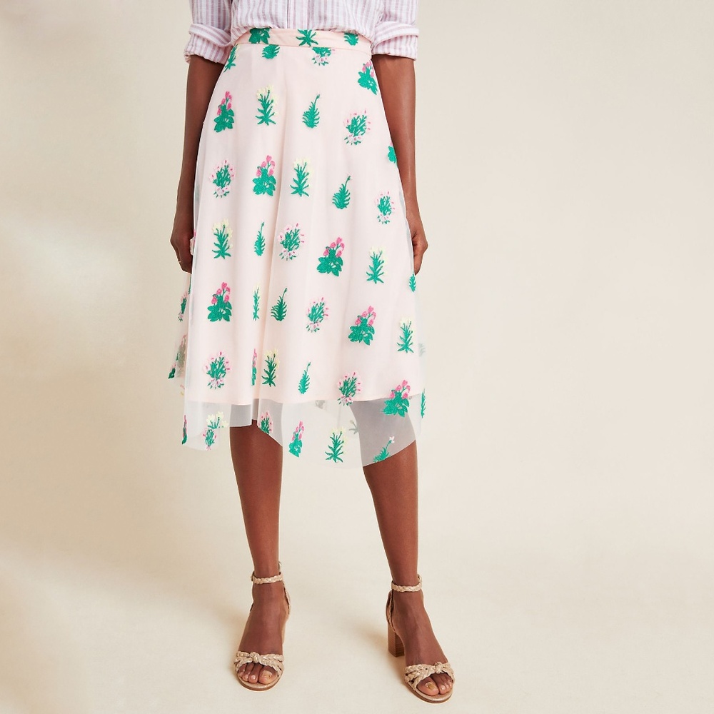 Eva Franco Anthropologie Pink Mesh Embroidered Midi Skirt NWT